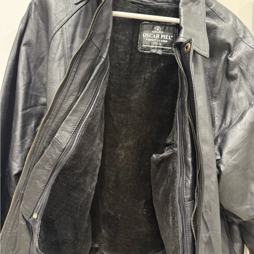 Oscar Piel Black Genuine Leather Bomber Jacket Mens L Lined‎ Collar Zip